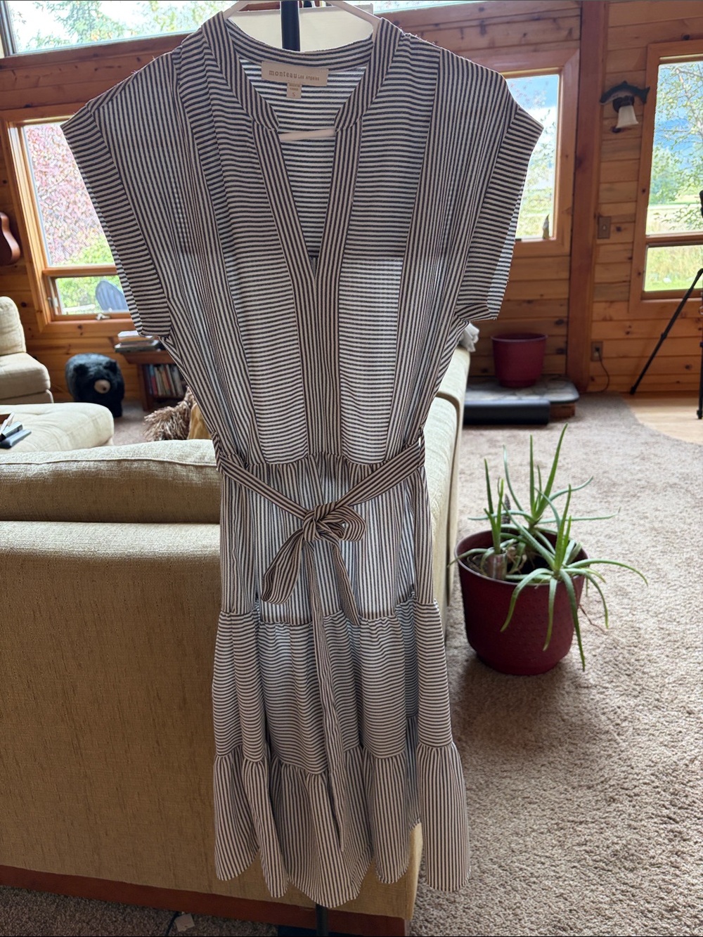 Striped Tie-Waist Midi Dress - Blue/White